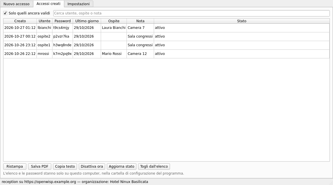 Accessi creati: ristampa, disattivazione e stato letto dal server