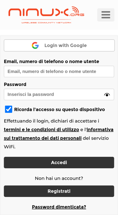 Pagina di login del portale Wi-Fi di NINUX Basilicata