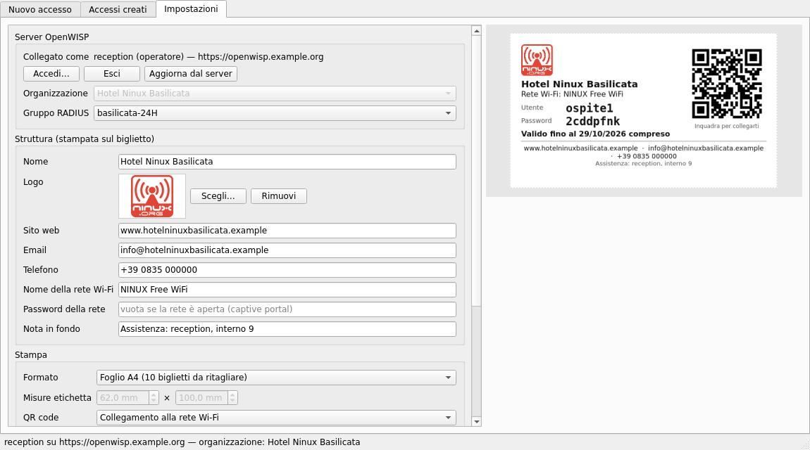 Impostazioni: server, organizzazione, gruppo RADIUS, logo e dati della struttura
